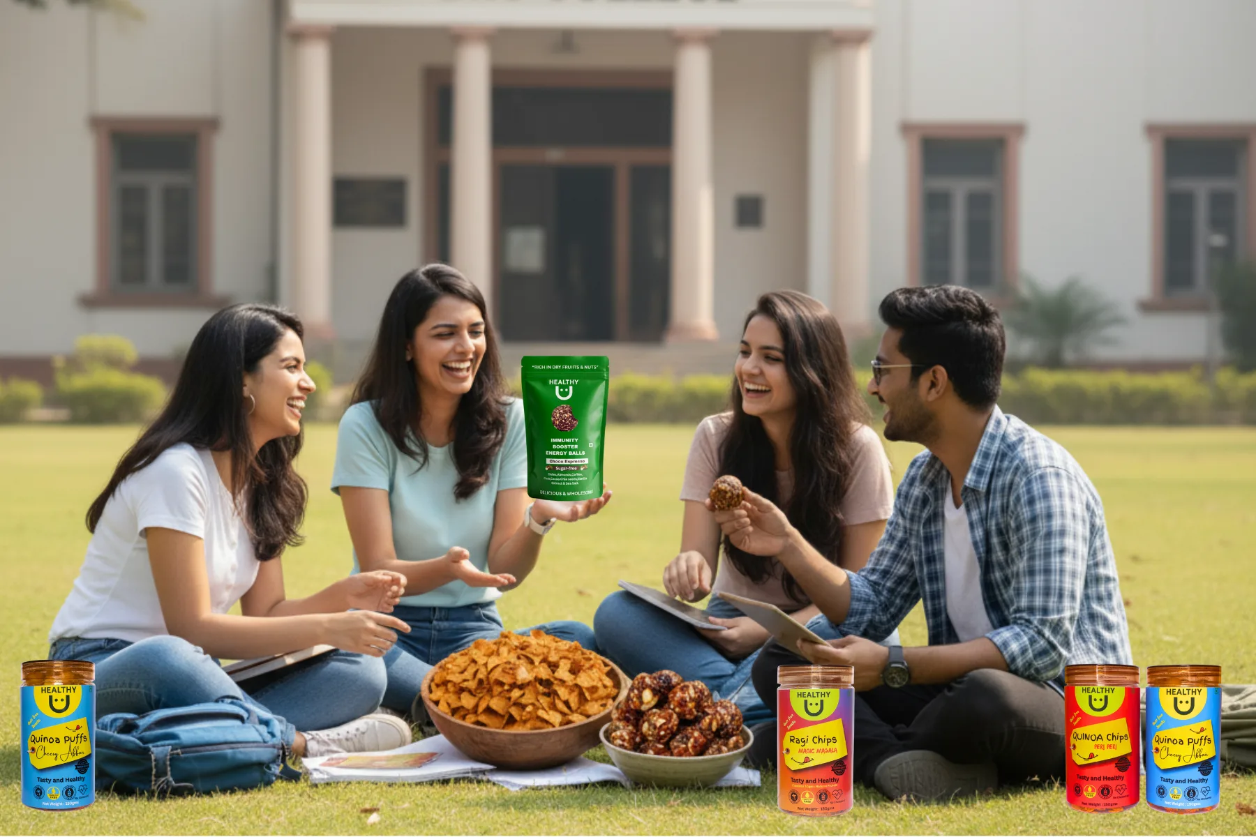 Friends enjoying HealthyU snacks outdoors